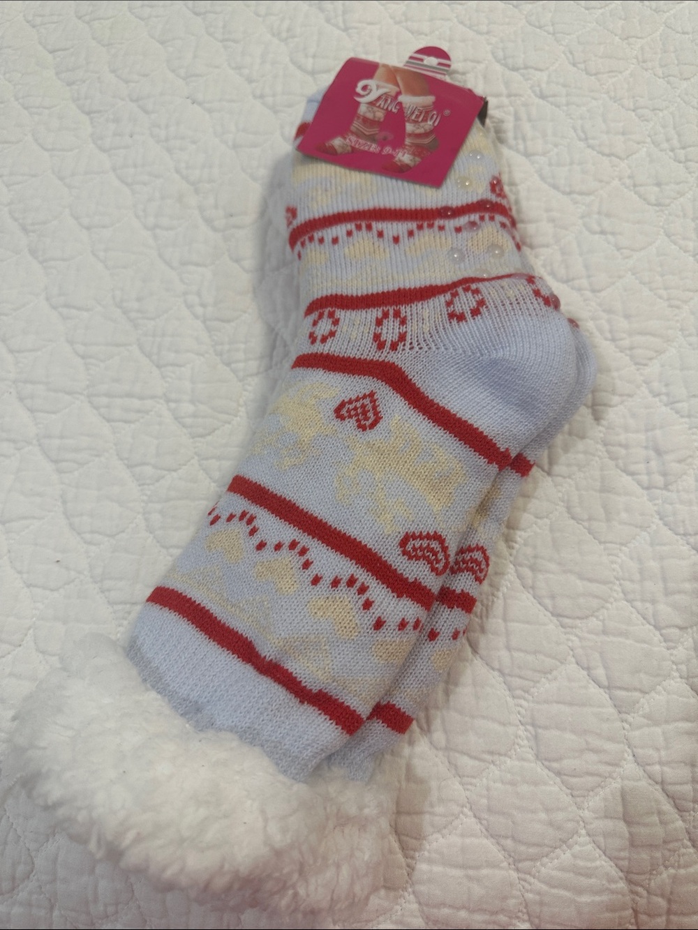 Source Unknown Light Blue, Red & Cream Patterned Sherpa Socks
